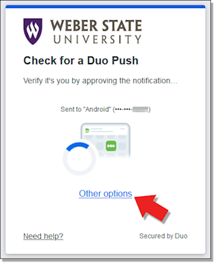 A screenshot of the Duo verification page with an arrow pointing to the "other options" link